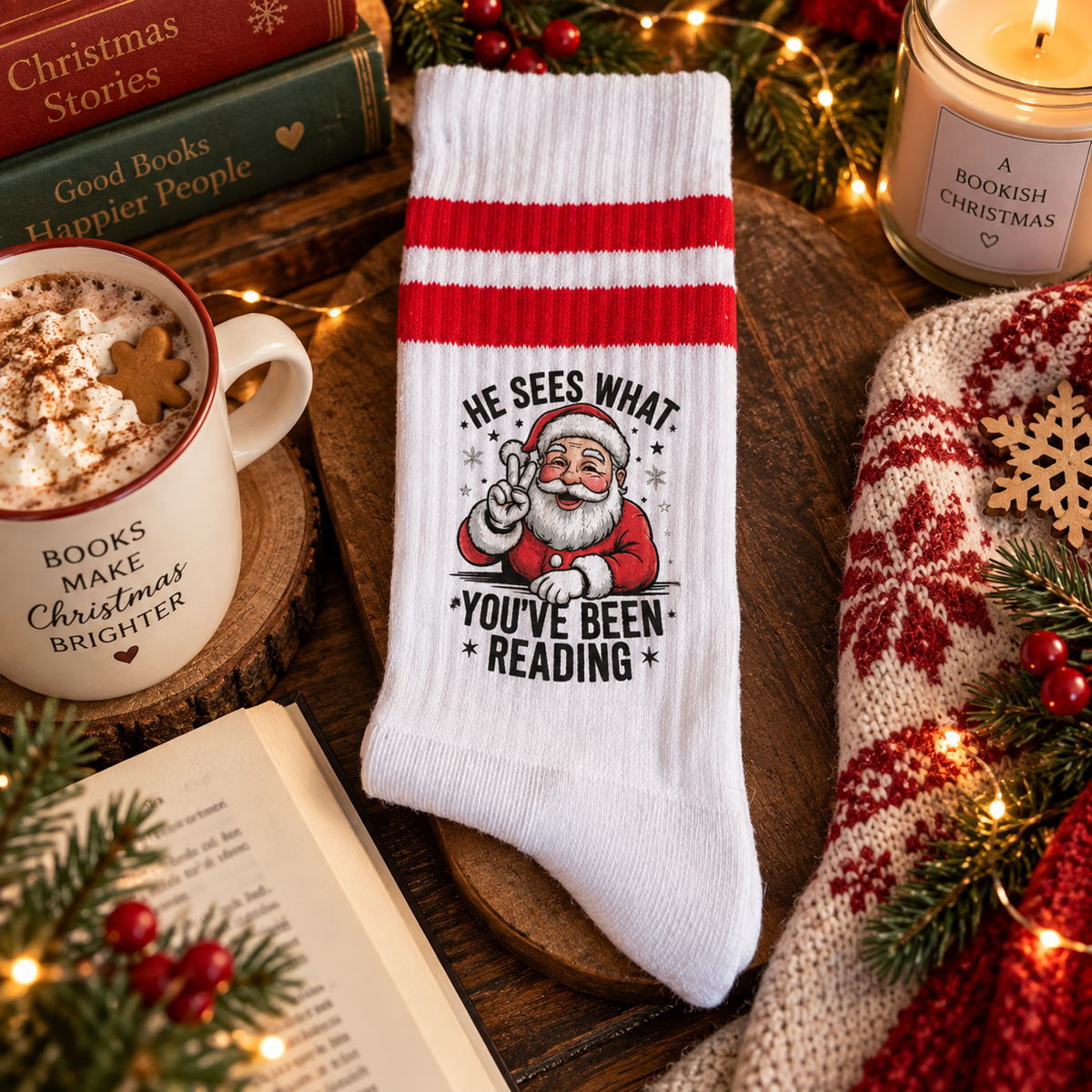 Bookish Weihnachtssocken – „He Sees What You’ve Been Reading“