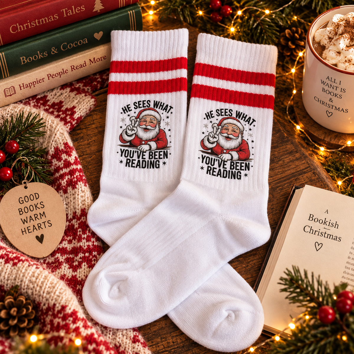 Bookish Weihnachtssocken – „He Sees What You’ve Been Reading“