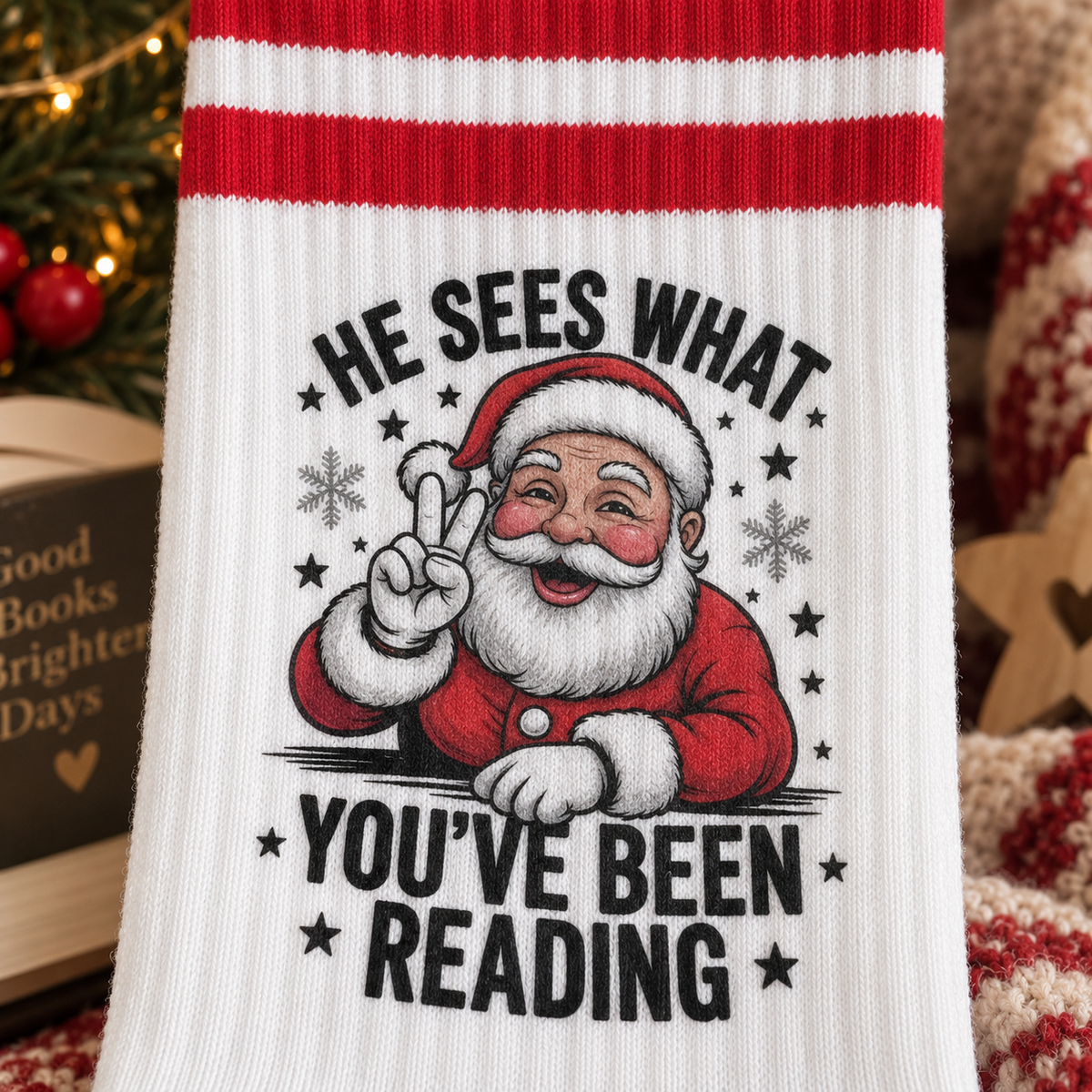 Bookish Weihnachtssocken – „He Sees What You’ve Been Reading“
