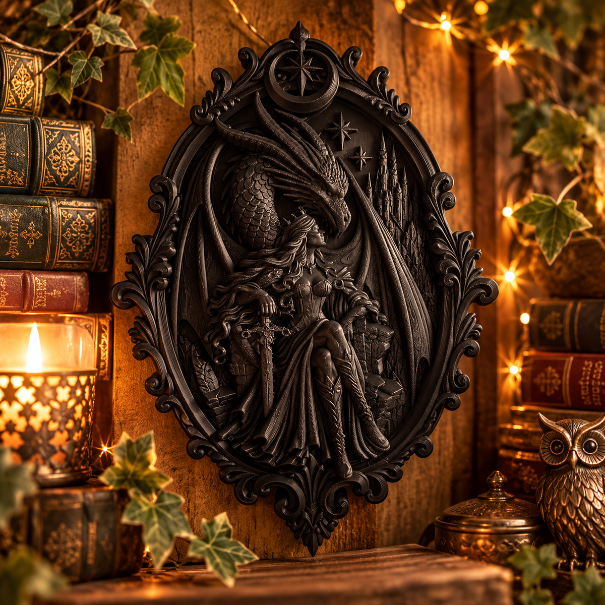 Schwarzes 3D Wandbild mit Drache und Kriegerin im verzierten ovalen Rahmen