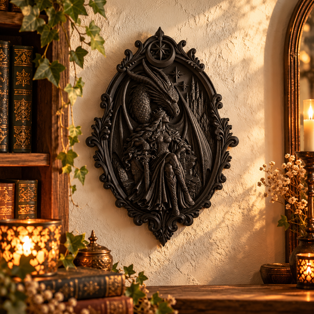 3D Wandbild Drache & Kriegerin – Fantasy Wanddeko für Leseecke