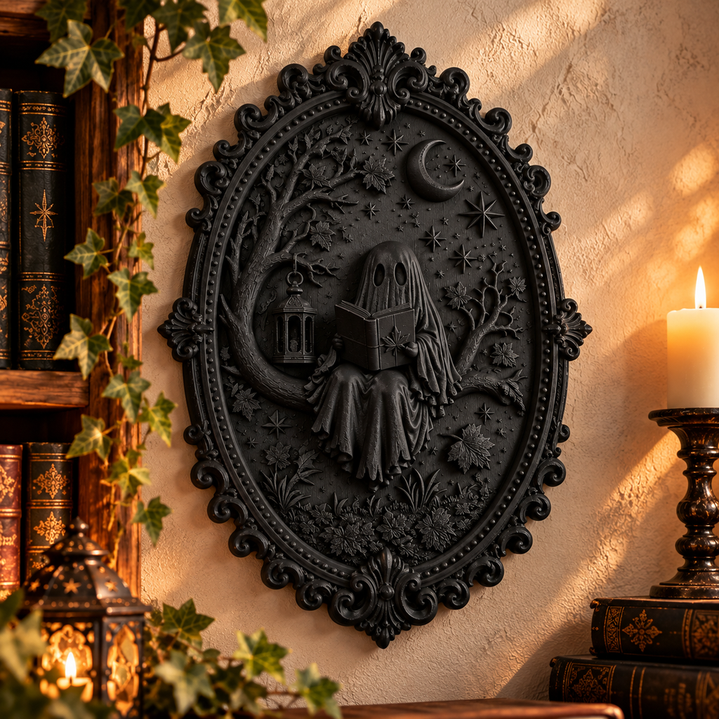 Bookish Ghost Wandbild 3D – Geist mit Buch | Gothic Deko für Leseecke