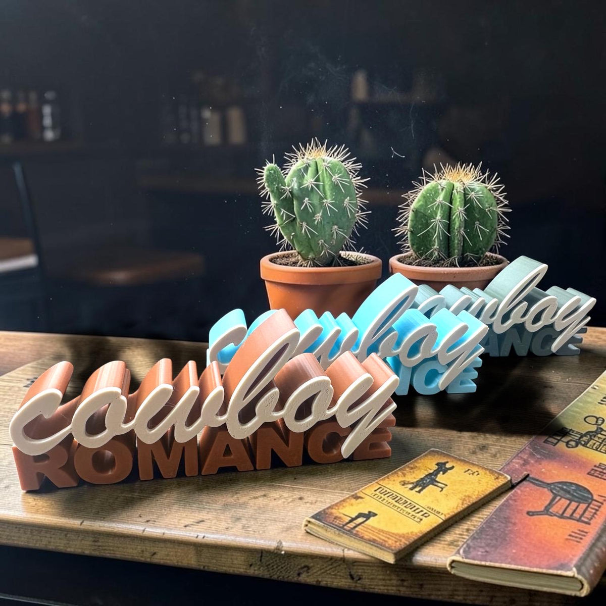 Cowboy Romance Regaldeko aus PLA – Farbe Beige-Türkis