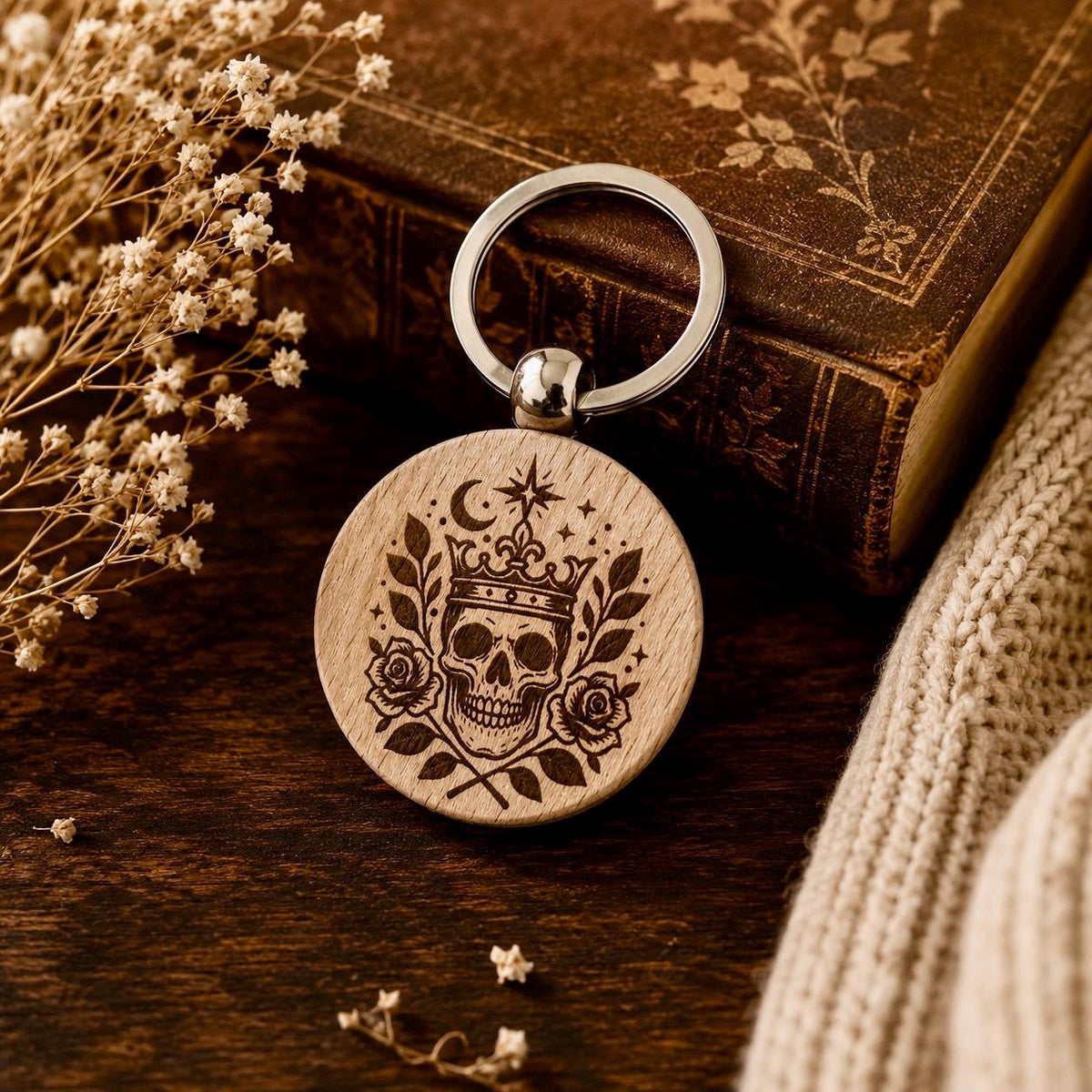 Totenkopf-&-Krone-Holzschlüsselanhänger – personalisierbar – Personalisierung und Rückseite