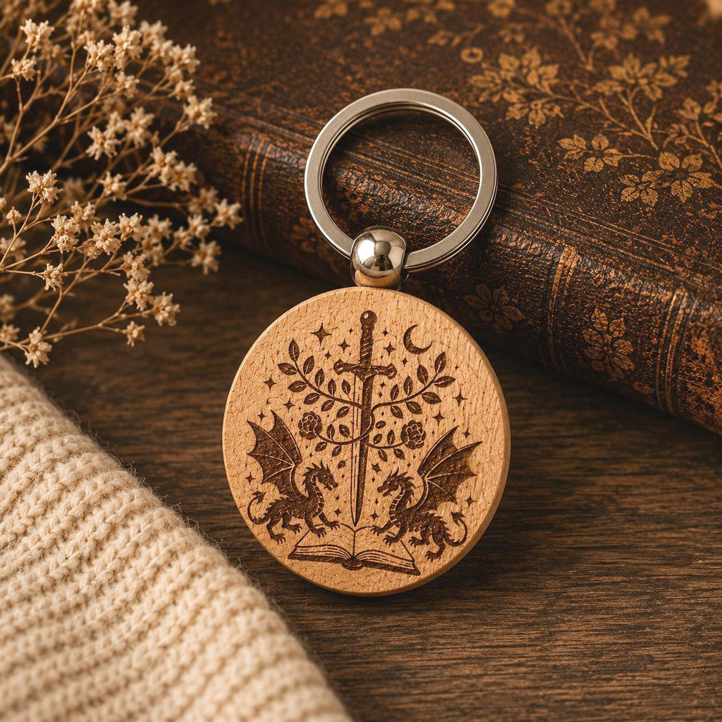 Fantasy-Drachen-Holzschlüsselanhänger – personalisierbar – Personalisierung und Rückseite