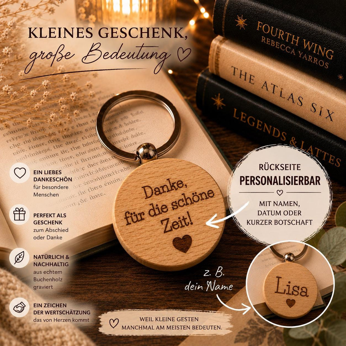 Booklover-Holzschlüsselanhänger – personalisierbar – Produktfoto 3