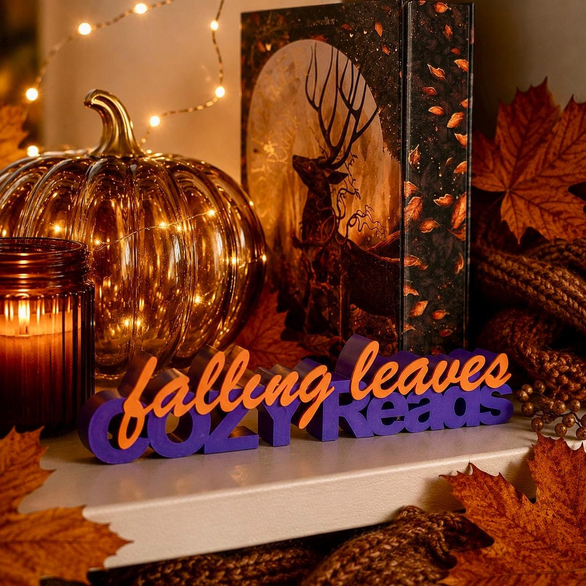 Falling Leaves & Cozy Reads 3D-Regaldeko aus PLA für Bücherregal und Leseecke