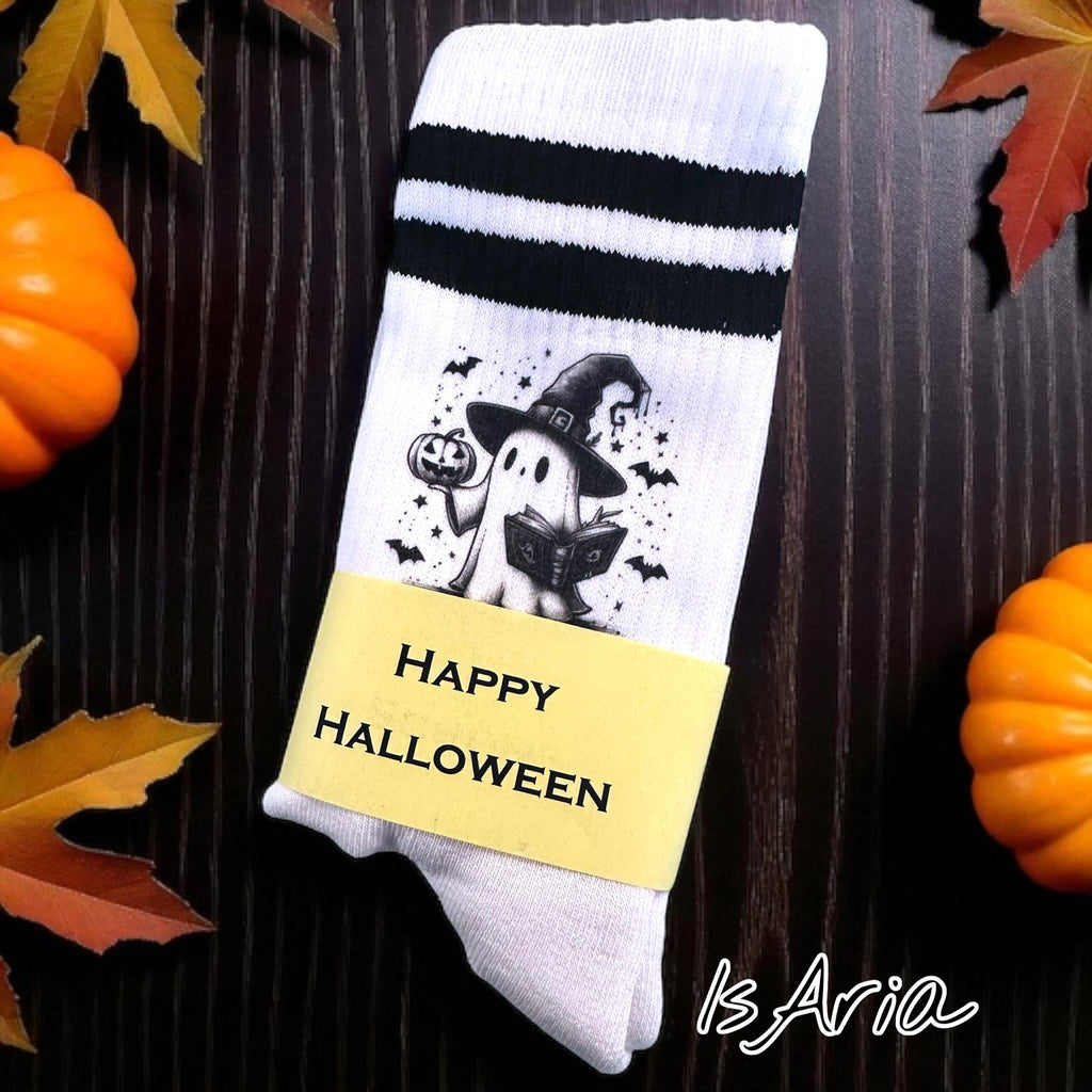 Büchergeist Socken mit lesendem Geist – personalisierbare Halloween-Socken