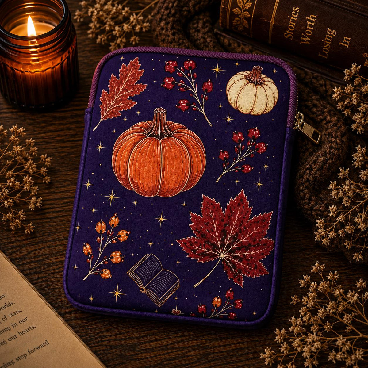 Kindle Tasche Herbst aus Neopren mit Falling Leaves and Cozy Reads Design