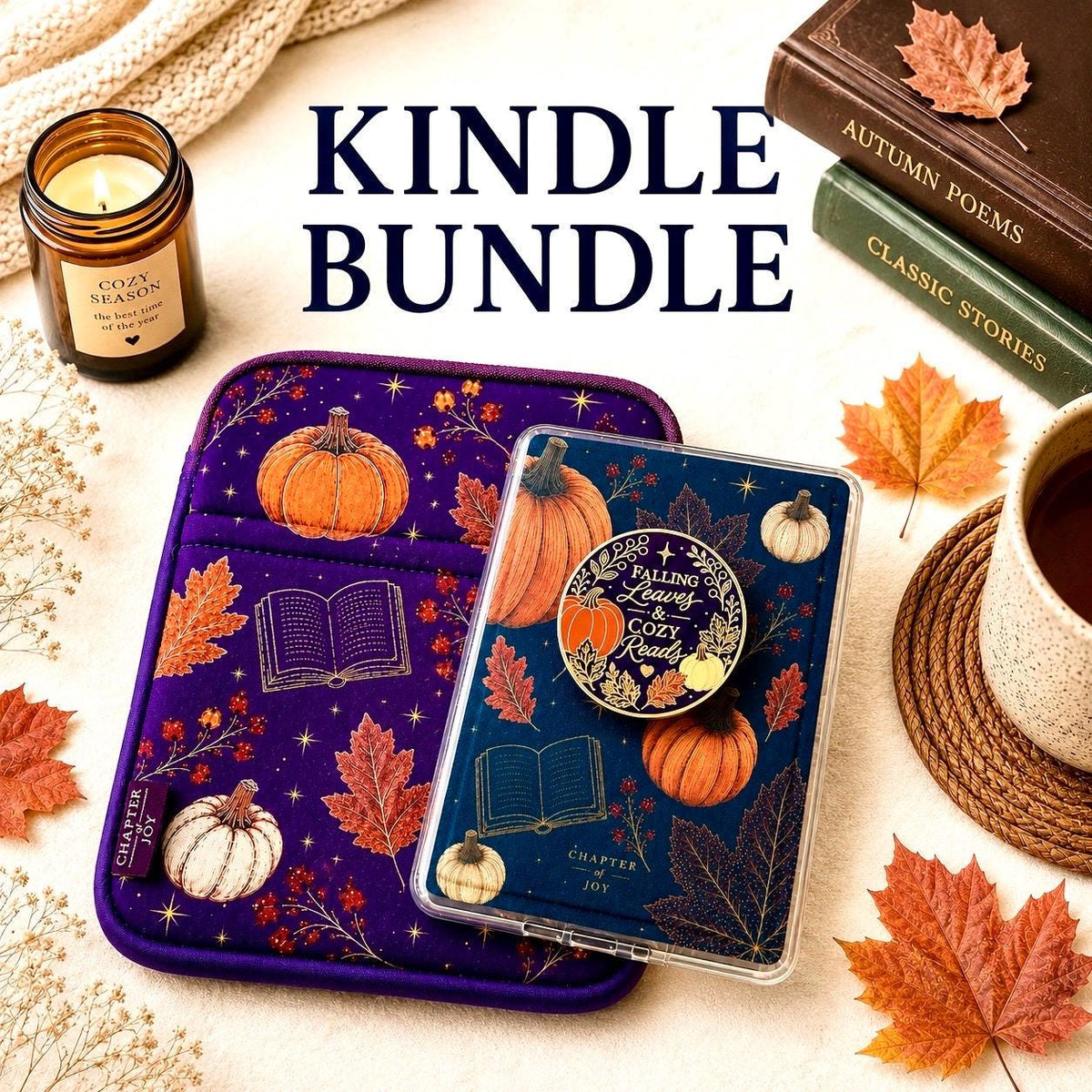 Kindle Bundle Herbst mit magnetischer Hülle E-Reader Grip und Neopren-Tasche