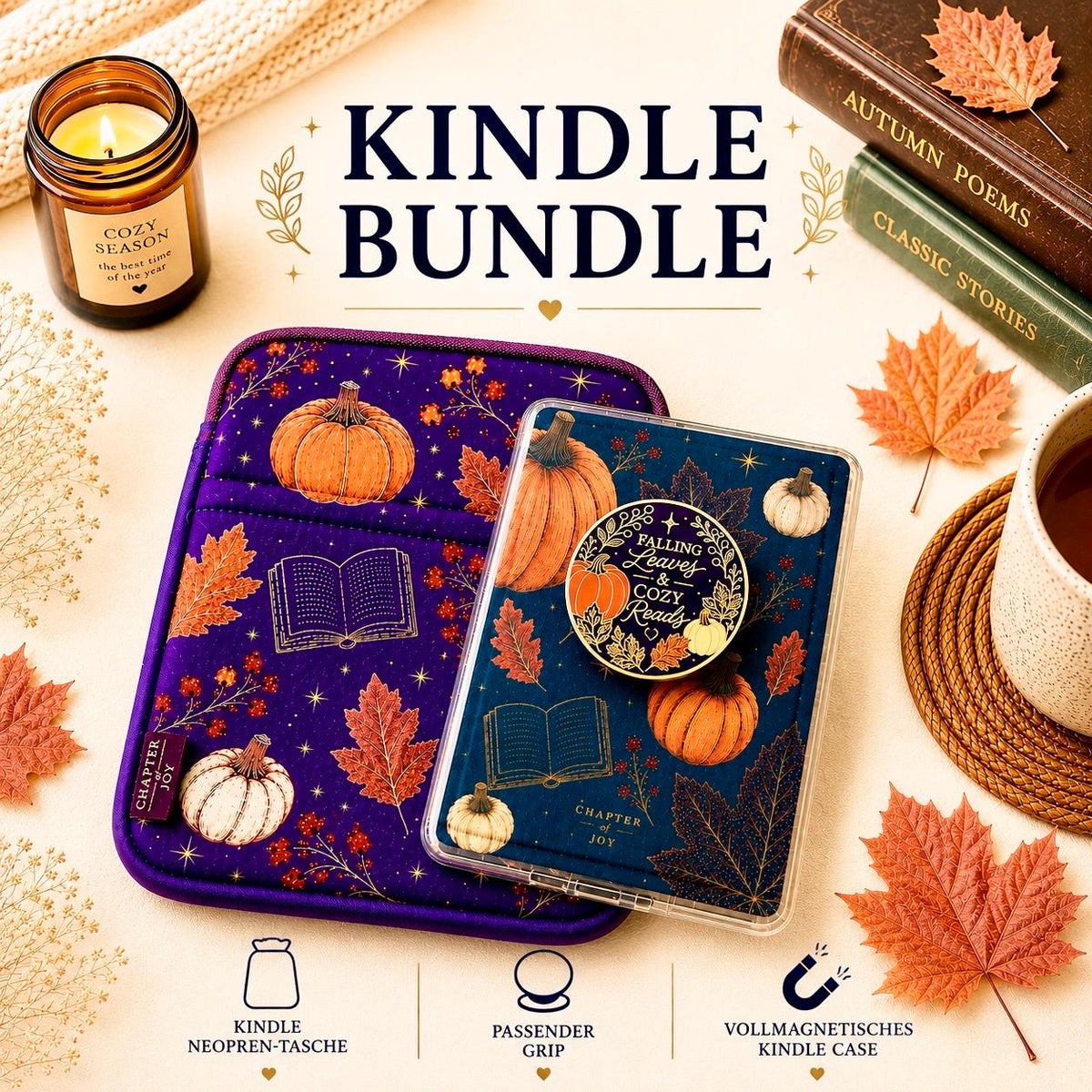 Kindle Bundle Herbst mit magnetischer Hülle E-Reader Grip und Neopren-Tasche