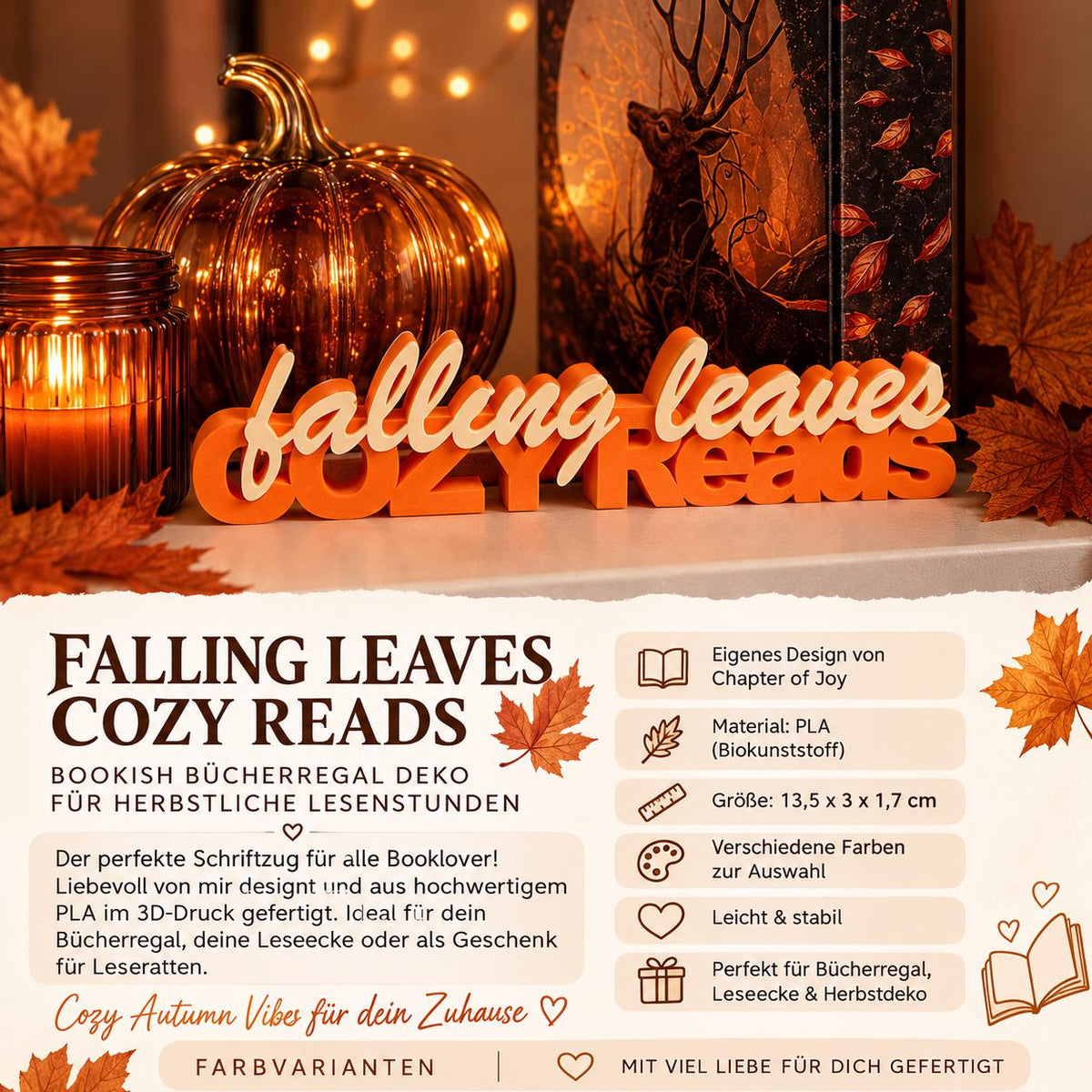 Falling Leaves & Cozy Reads 3D-Regaldeko aus PLA für Bücherregal und Leseecke