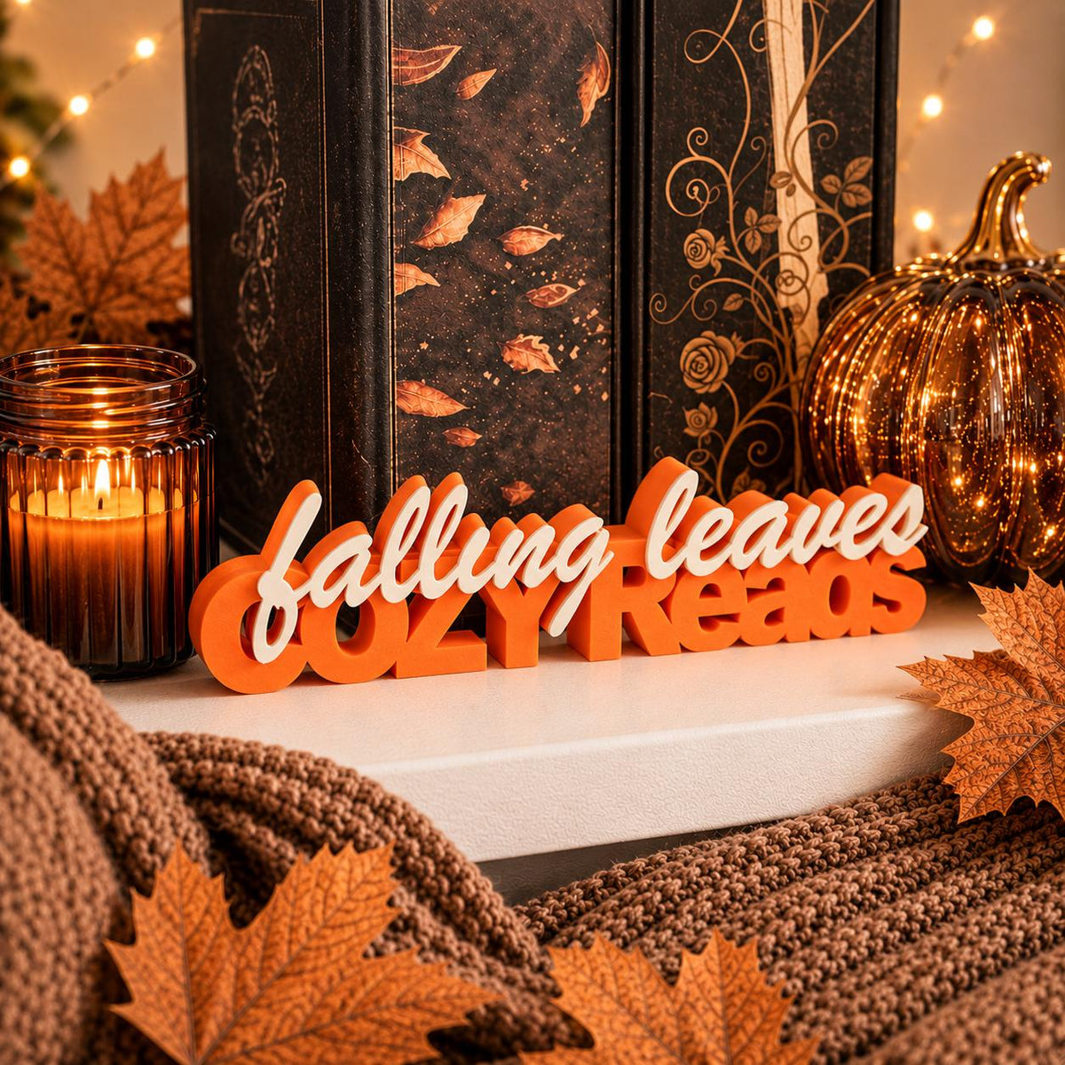 Falling Leaves & Cozy Reads 3D-Regaldeko aus PLA für Bücherregal und Leseecke