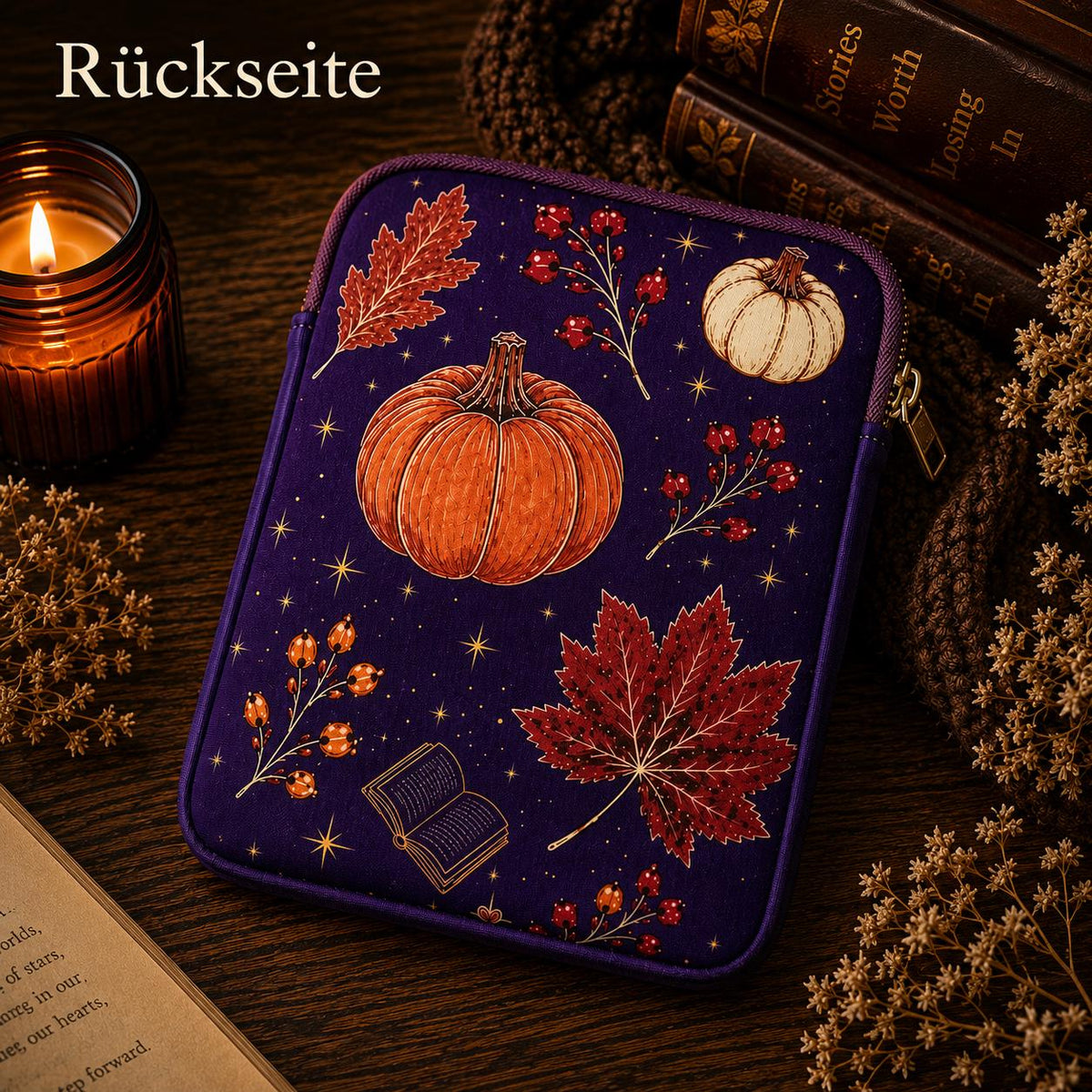 Kindle Tasche Herbst aus Neopren mit Falling Leaves and Cozy Reads Design