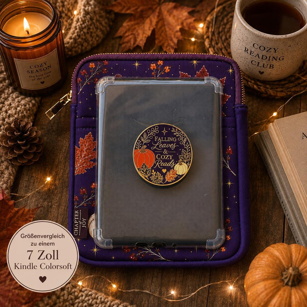 Kindle Tasche Herbst aus Neopren mit Falling Leaves and Cozy Reads Design